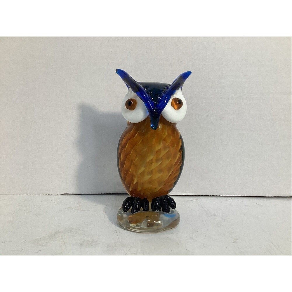 glass owl figurine 8” colorful art glass paperweight swirled amber, blue